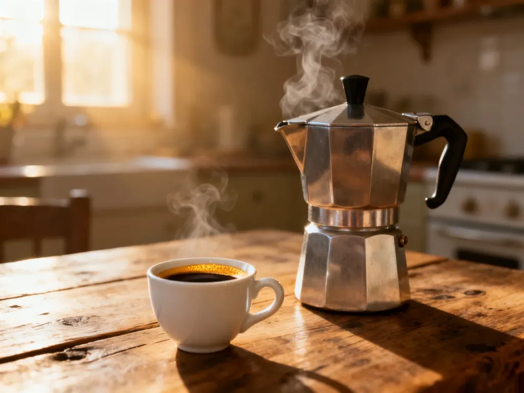 Kawiarka na drewnianym stole obok filiżanki świeżego espresso z gęstą cremą w przytulnej włoskiej kuchni.