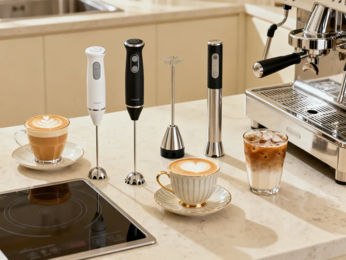 Różne spieniacze do mleka obok filiżanek cappuccino, latte macchiato i kawy mrożonej