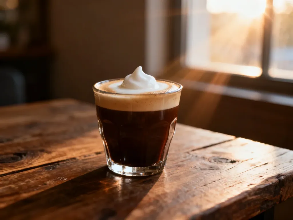 Świeżo przygotowane espresso macchiato z puszystą pianką w szklance na drewnianym stole w promieniach porannego słońca.