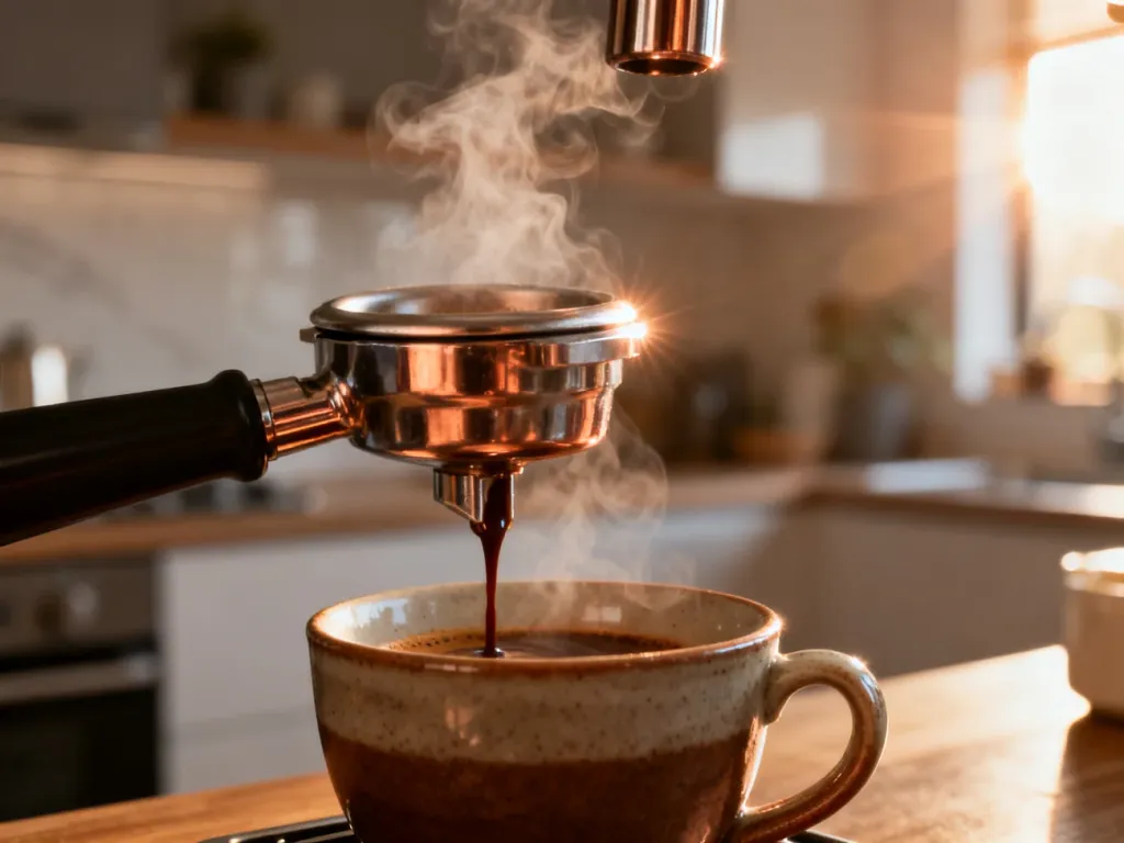 Zbliżenie na kolbę ekspresu, z której aromatyczne espresso spływa do ceramicznej filiżanki w przytulnej kuchni.