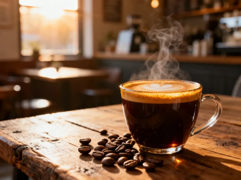 Parująca filiżanka espresso z gęstą cremą na drewnianym stole w przytulnej kawiarni w porannym świetle.