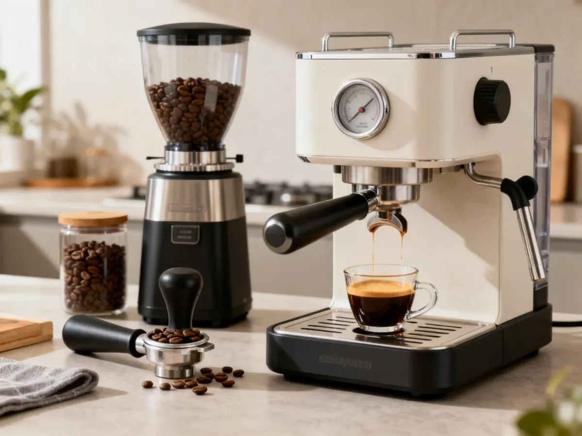 Domowe stanowisko z ekspresem kolbowym, młynkiem i filiżanką espresso