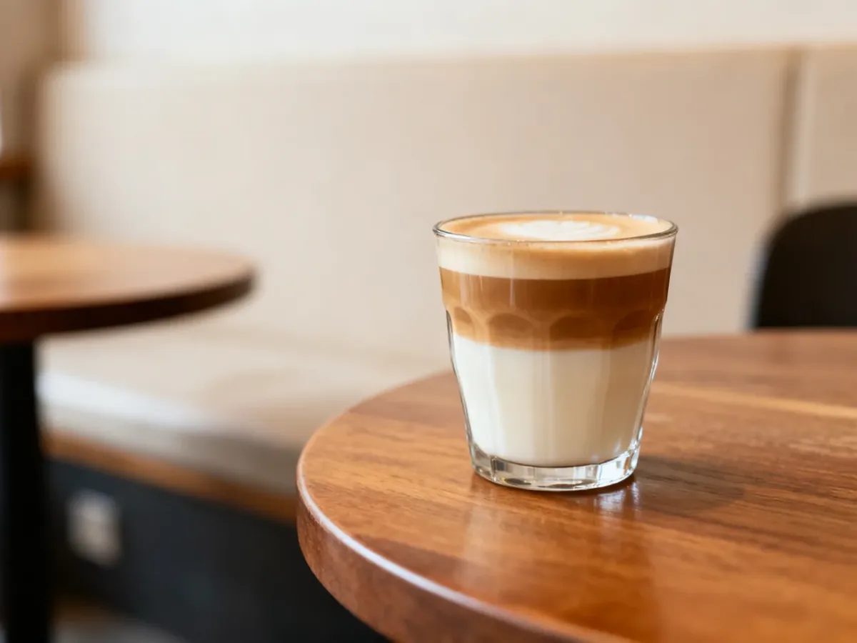 Warstwowa Spanish Latte w szklance na drewnianym stole