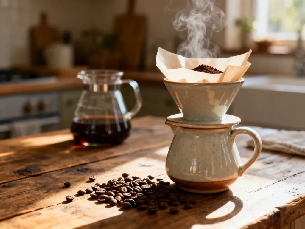 Ceramiczny dripper z filtrem i zmieloną kawą na drewnianym blacie, przygotowanie kawy metodą przelewową w domowym zaciszu.