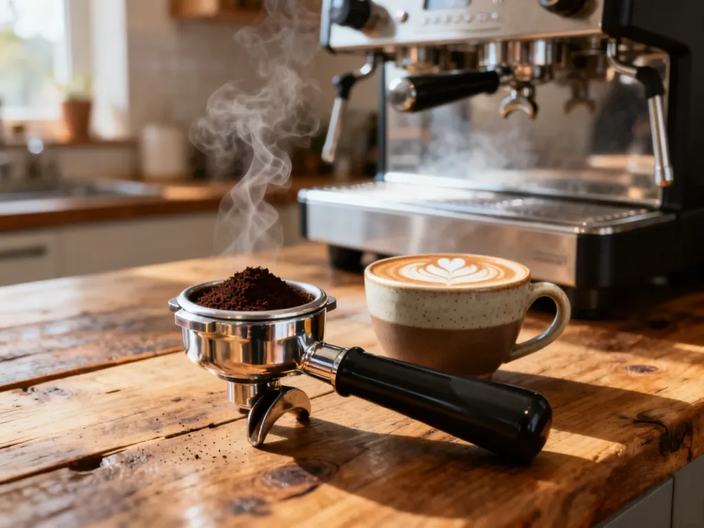 Profesjonalny ekspres kolbowy z portafiltrem i filiżanką latte art na drewnianym blacie, przygotowany do parzenia kawy.