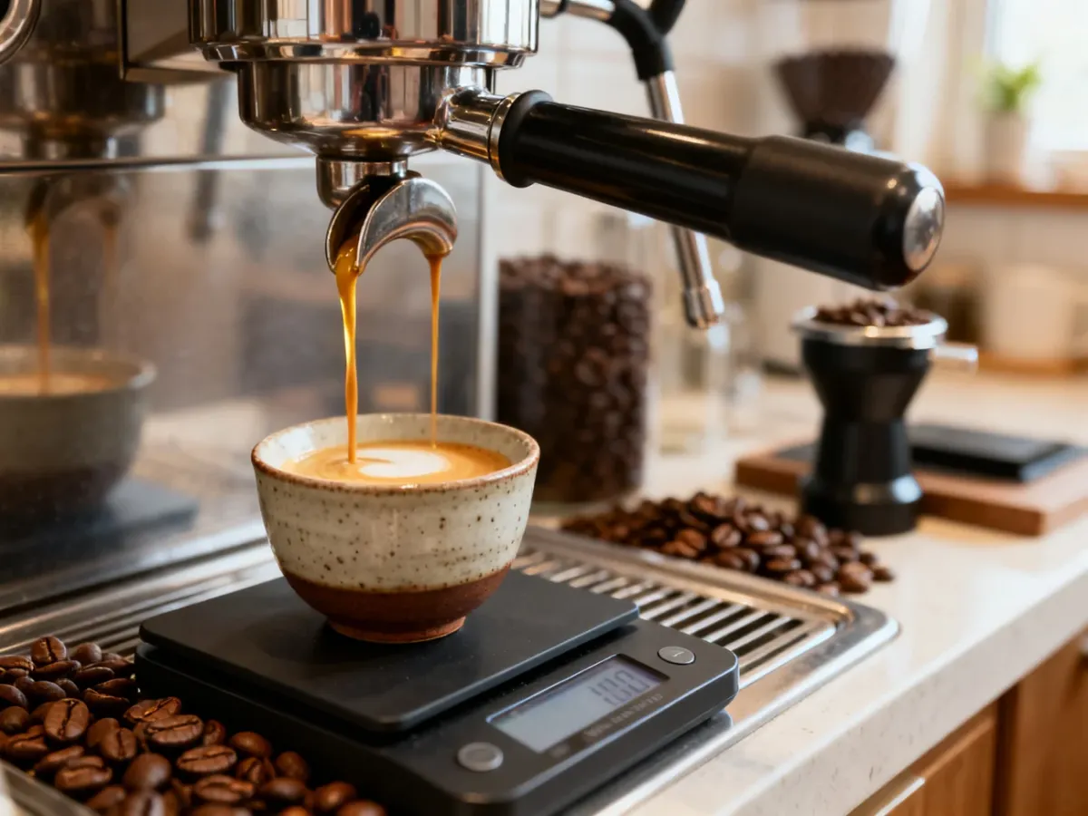 Ekstrakcja podwójnego espresso do filiżanki ustawionej na wadze