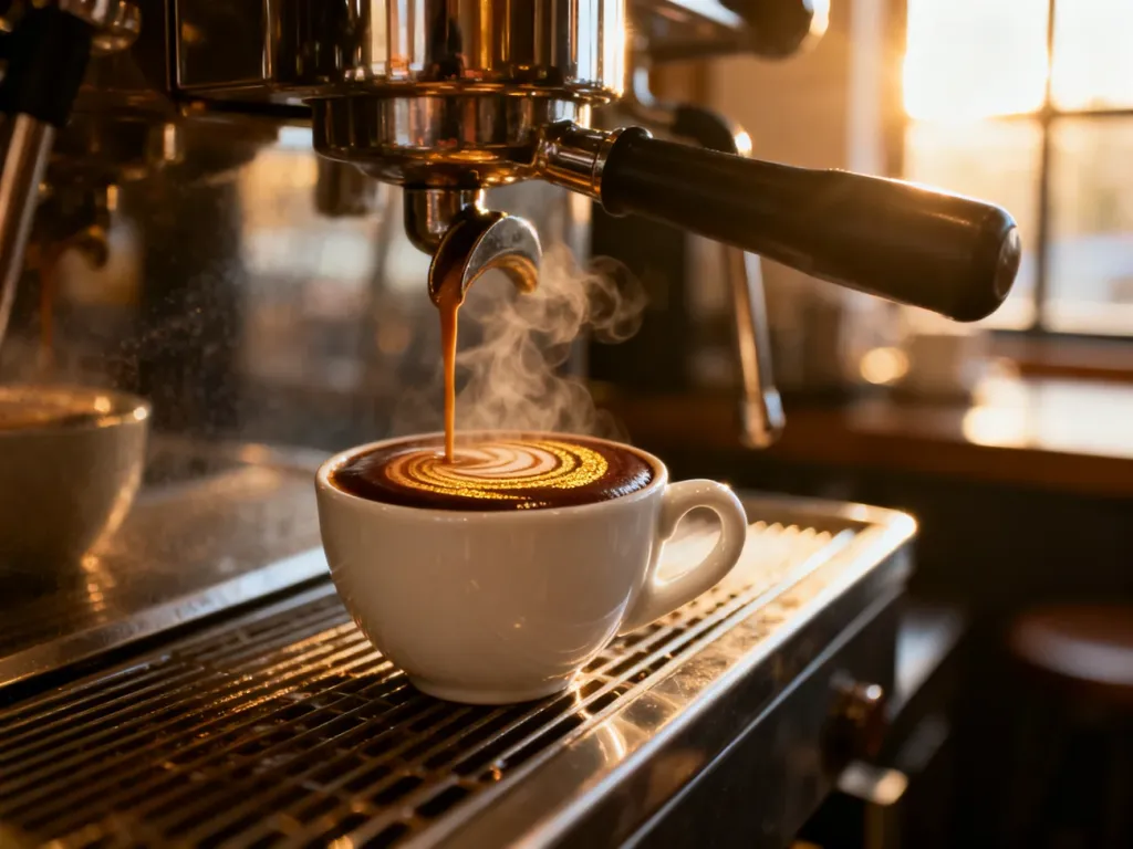 Strumień świeżo parzonego espresso wlewany do białej filiżanki z wyraźną, gęstą cremą w przytulnej kawiarni.