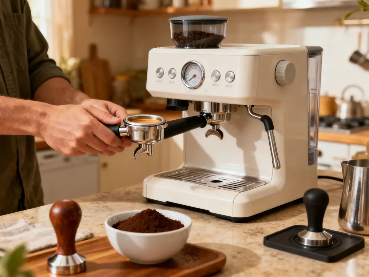 Domowy barista przygotowujący espresso w ekspresie kolbowym