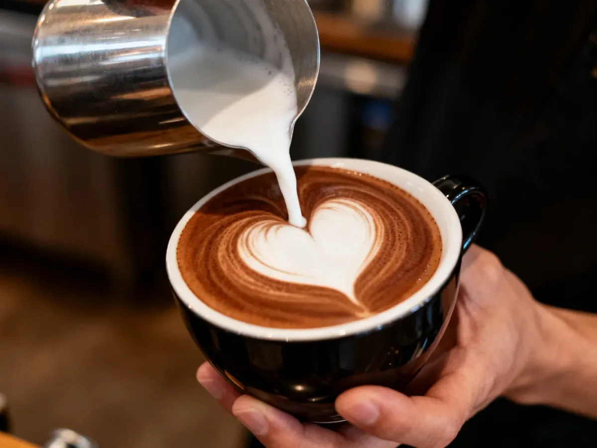 Barista tworzący wzór serca na powierzchni latte