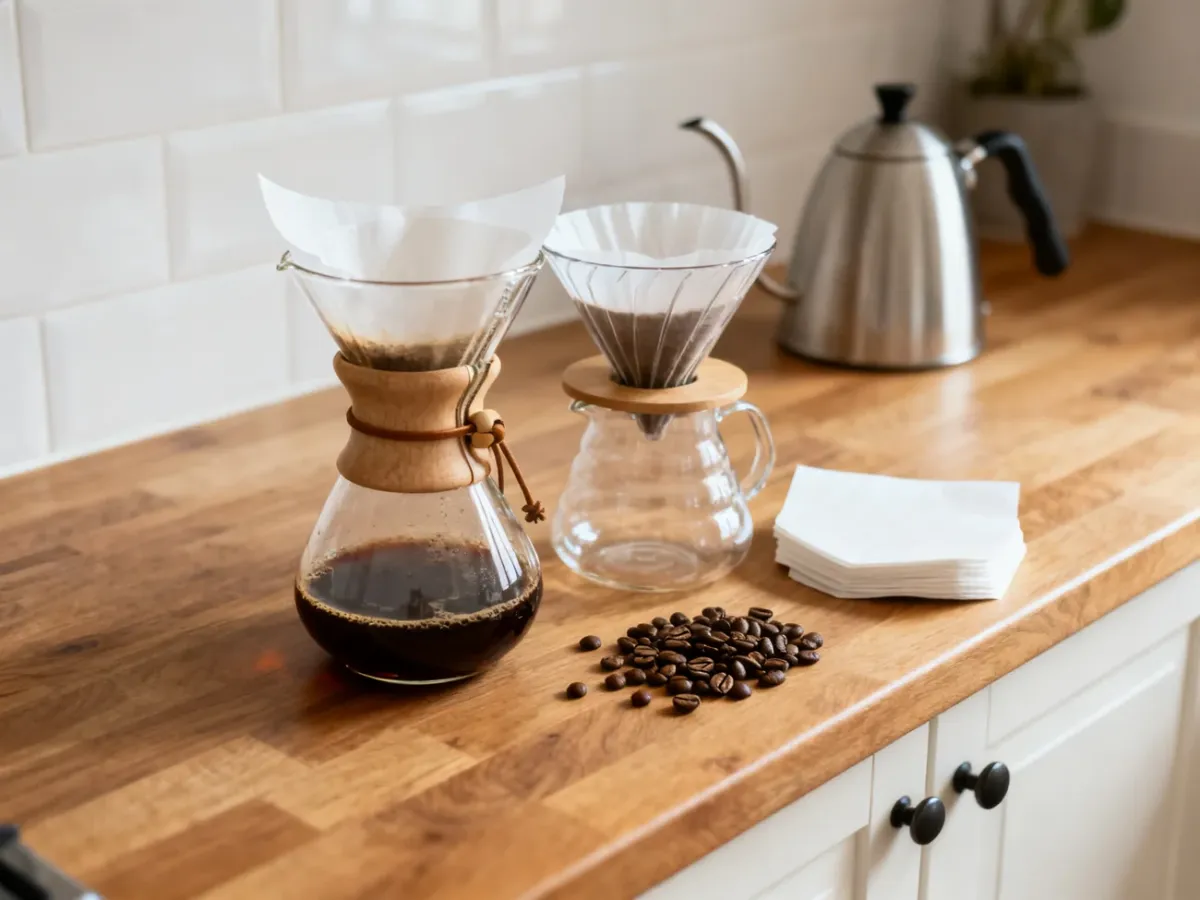 Chemex i dripper V60 ustawione obok siebie na kuchennym blacie