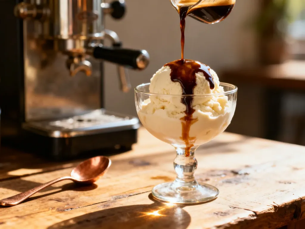 Gałka lodów waniliowych w szklance, zalana świeżym espresso, na rustykalnym drewnianym stole.