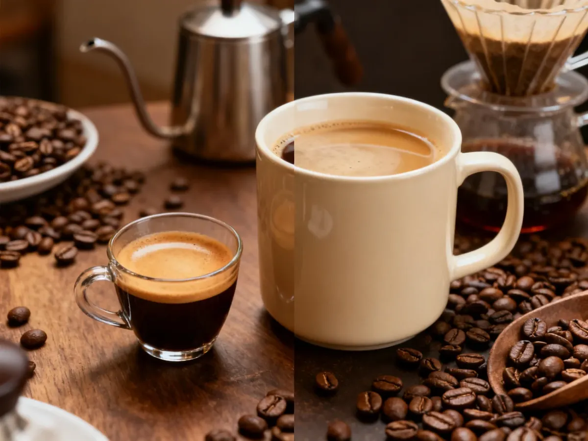 Espresso beside a large pour-over coffee illustrating that flavor intensity does not always indicate more caffeine