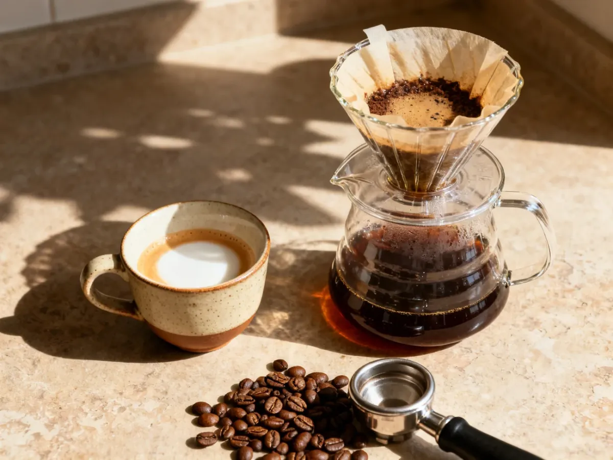 Domowa aranżacja pokazująca espresso oraz kawę przelewową jako dwa sposoby parzenia