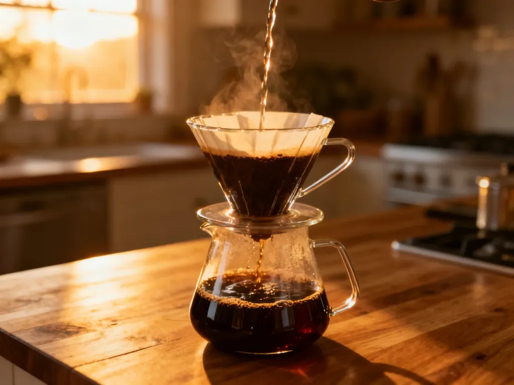 Szklany dripper z mieloną kawą, którą zalewa się gorącą wodą w słonecznej kuchni. Proces parzenia kawy metodą przelewową.