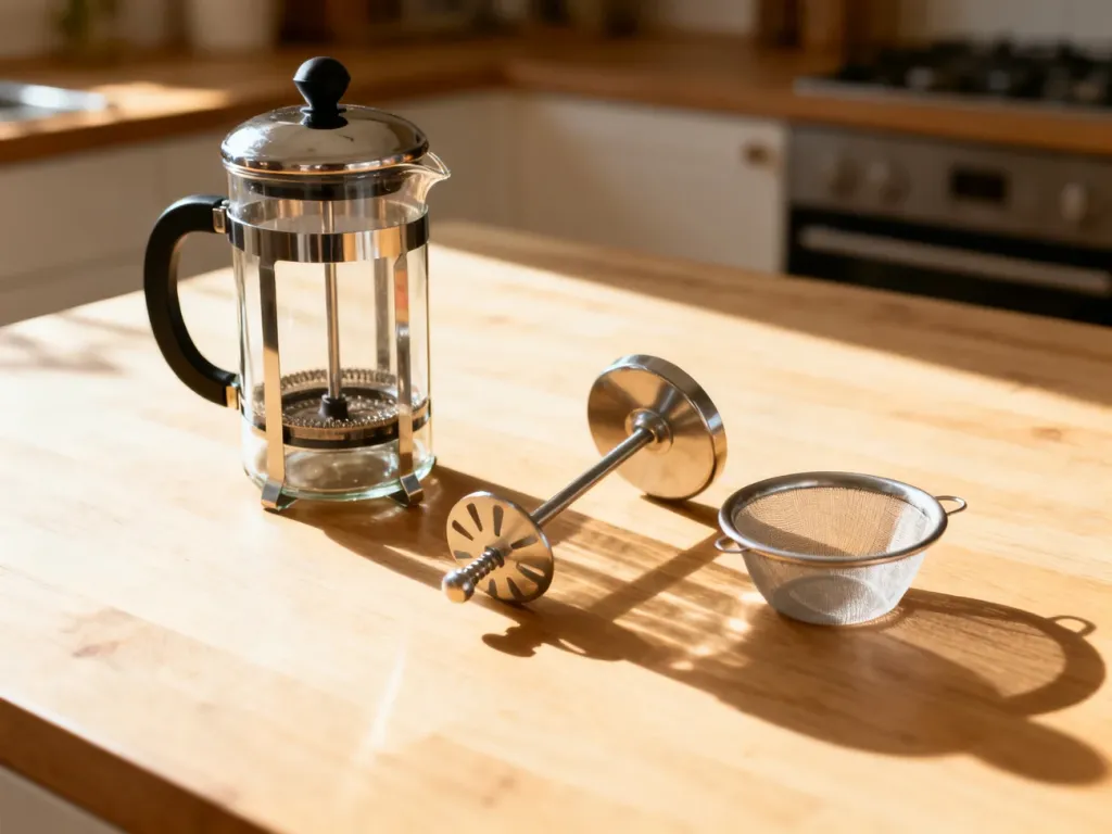 Rozłożone na części elementy zaparzacza typu French press przygotowane do montażu na drewnianym blacie kuchennym.