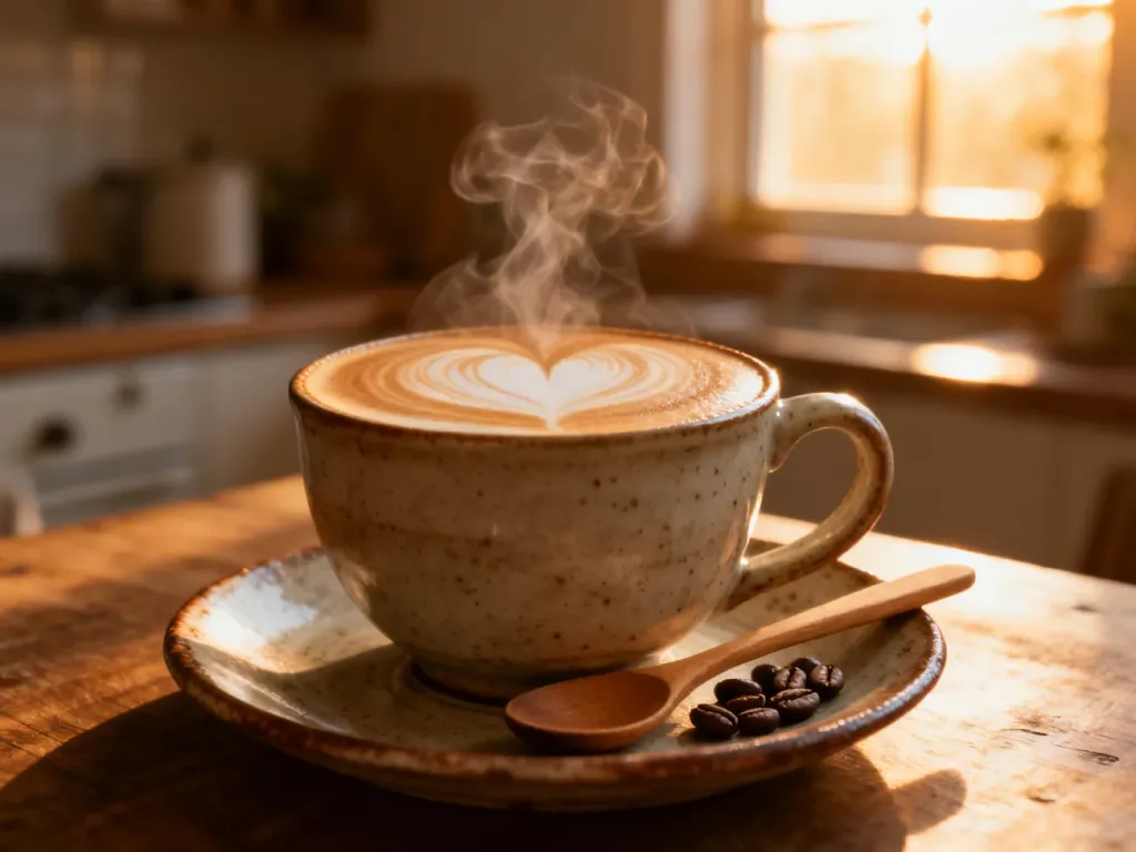 Parująca filiżanka cappuccino z serduszkiem z pianki, obok której leży drewniana łyżeczka i ziarna kawy w przytulnej kuchni.