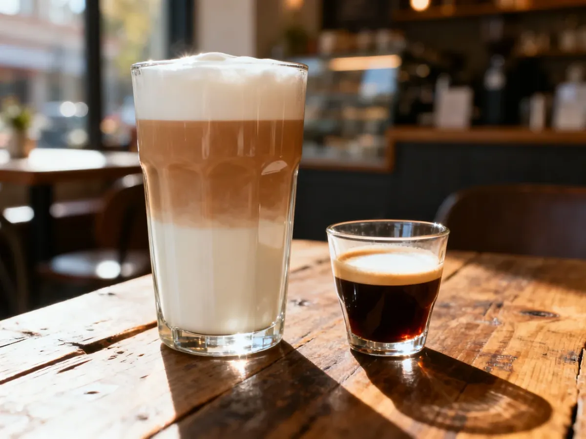Porównanie dwóch kaw na drewnianym stole: duża cafe con leche z dużą ilością mleka oraz mniejszy, intensywny cortado.