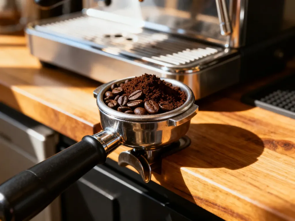 Świeżo zmielona kawa w kolbie ekspresu przygotowana do parzenia espresso na drewnianym blacie.
