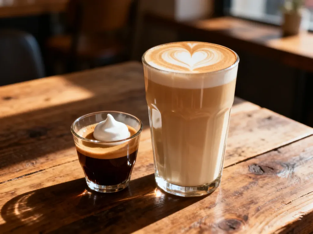 Porównanie espresso macchiato z niewielką ilością pianki oraz latte z artystycznym wzorem w przytulnej kawiarni.