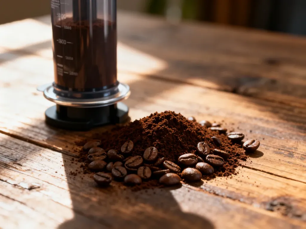 Świeżo zmielona kawa na drewnianym stole obok urządzenia AeroPress w promieniach porannego słońca.