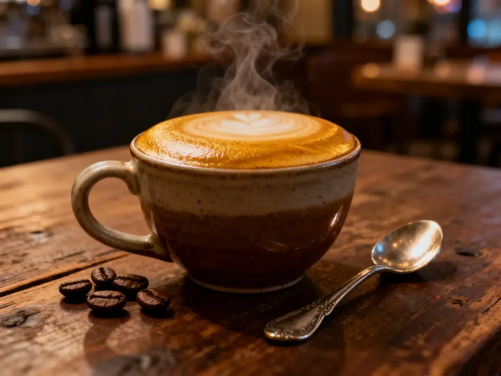 Filiżanka aromatycznej kawy cafe crema z gęstą pianką, podana na drewnianym stole z ziarnami kawy i srebrną łyżeczką.