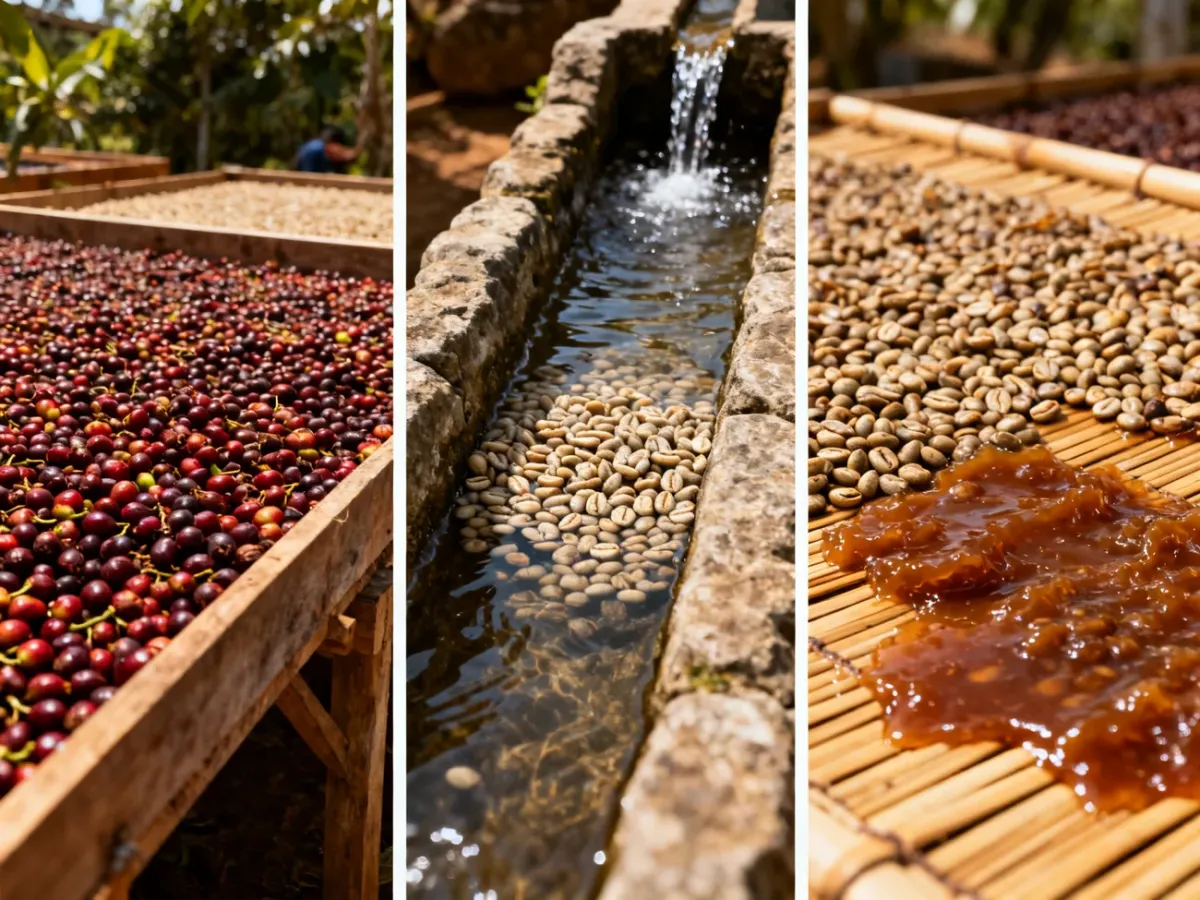 Porównanie naturalnej, washed i honey obróbki ziaren kawy na plantacji