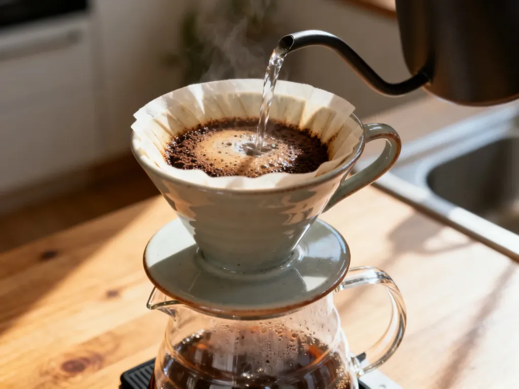 Ceramiczny dripper V60 z kawą podczas fazy preinfuzji, z wodą nalewaną z czajnika typu gooseneck do szklanego dzbanka.