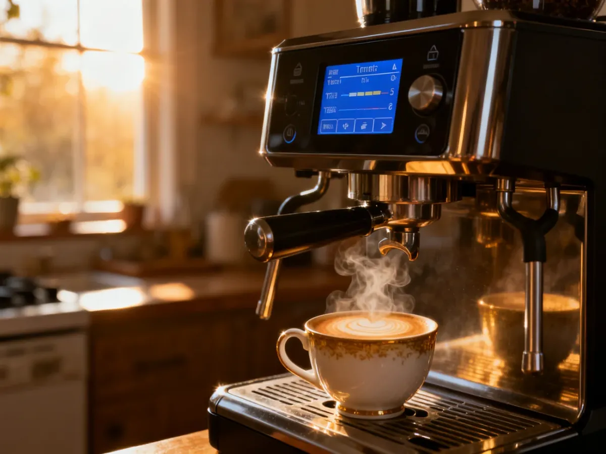 Cyfrowy wyświetlacz ekspresu do kawy z menu wyboru temperatury oraz filiżanka świeżego espresso w przytulnej kuchni.