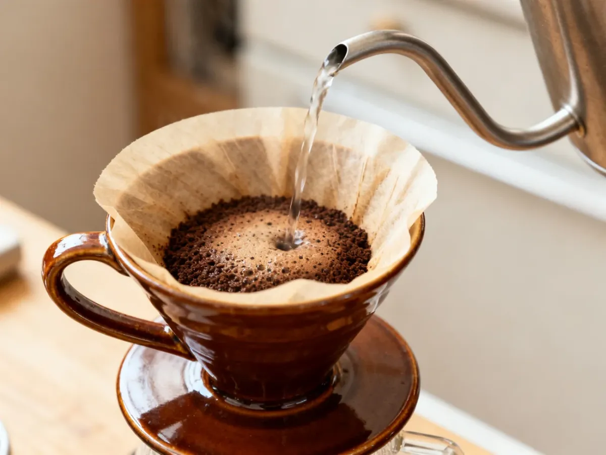 Dripper z kawą podczas kontrolowanego zalewania