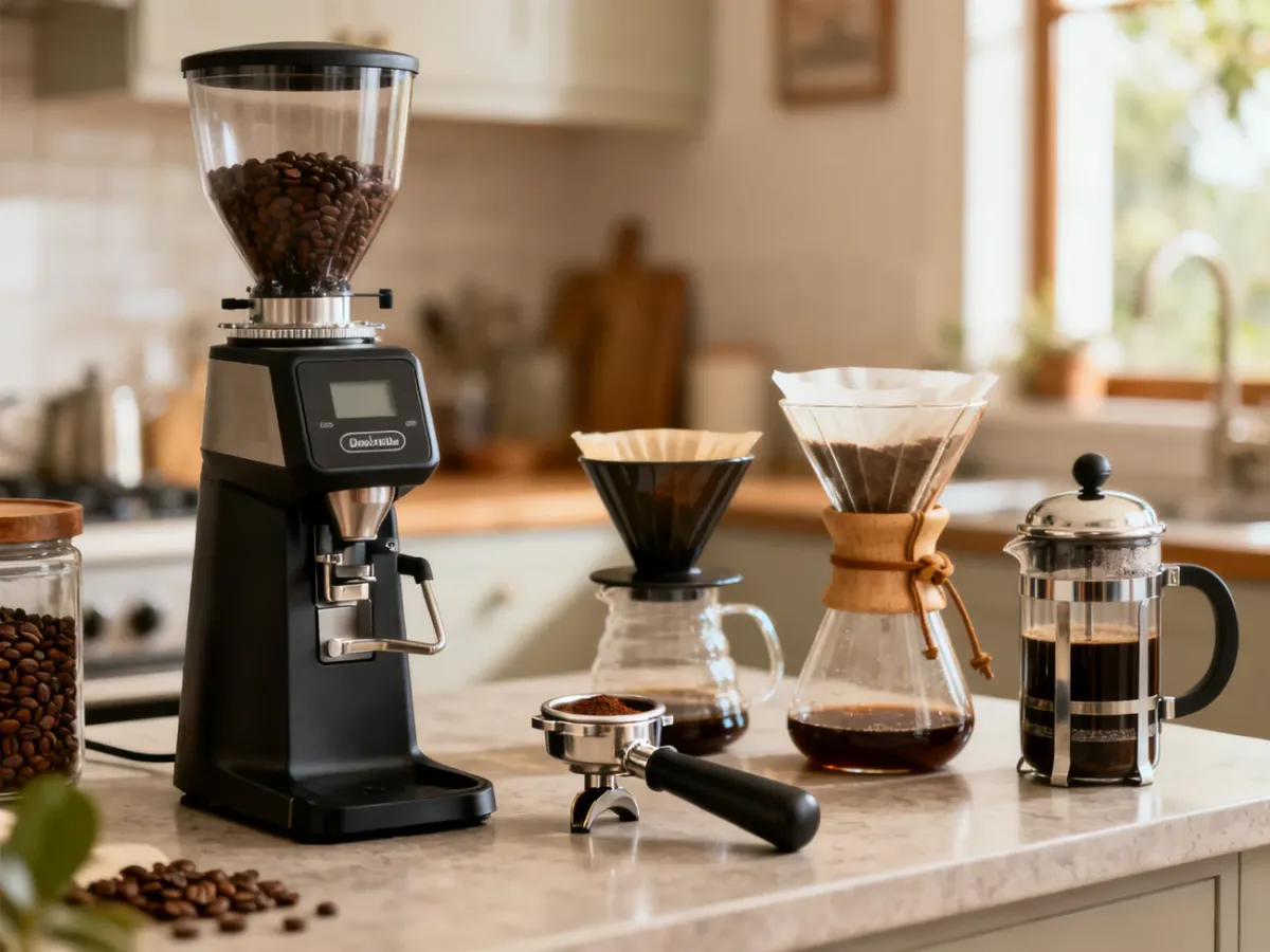 Młynek żarnowy obok akcesoriów do espresso i metod przelewowych