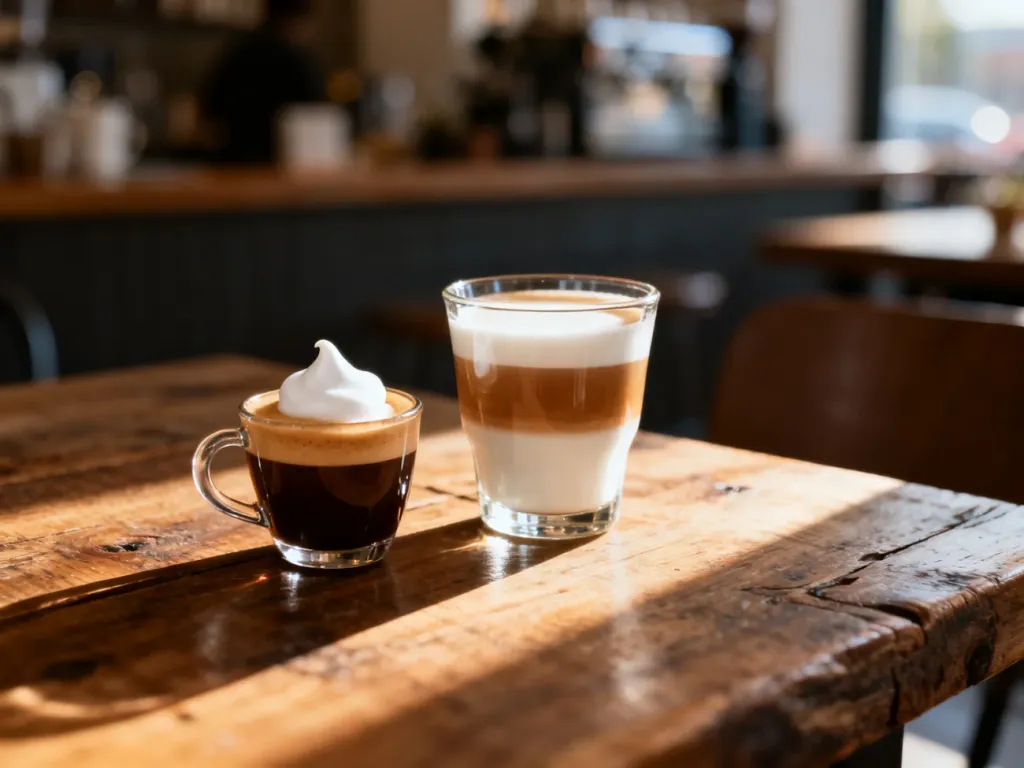 Porównanie espresso macchiato z białą pianką oraz cortado w szklance na drewnianym stole w kawiarni.