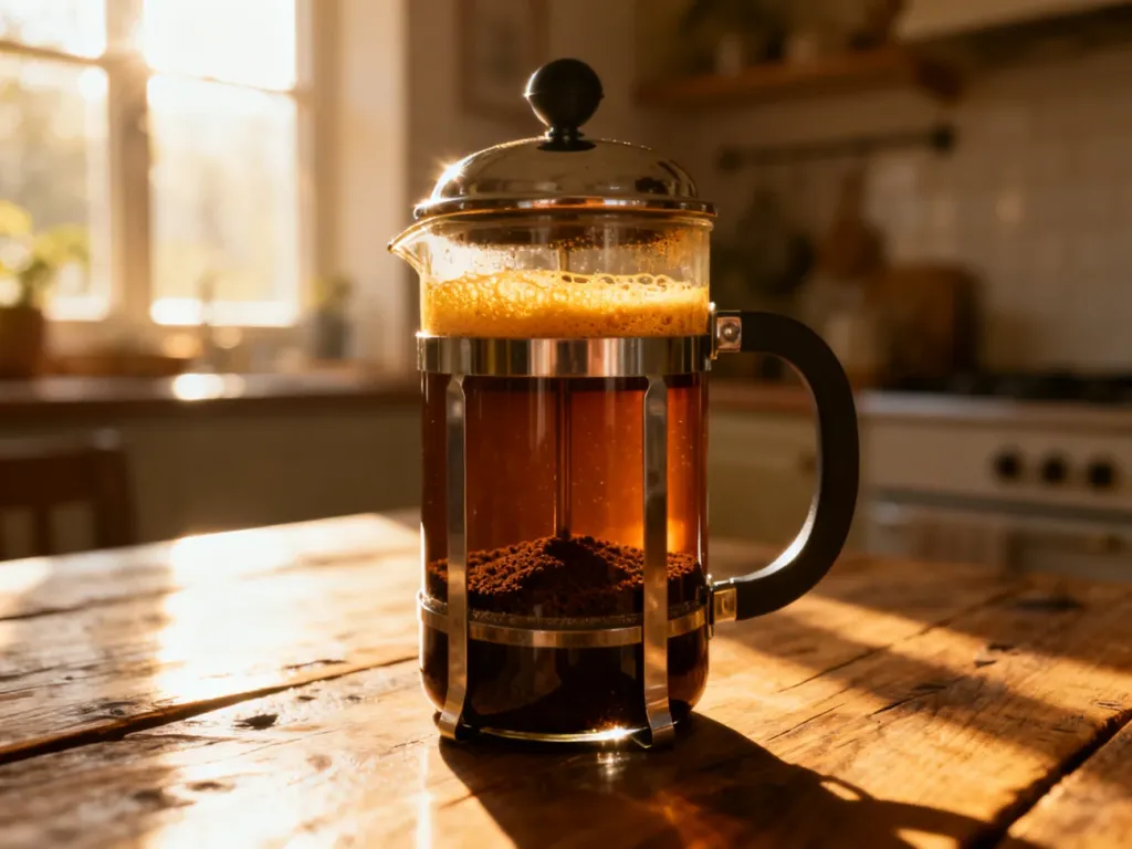 Szklany French press z zaparzoną kawą i widocznymi fusami na dnie, ustawiony na drewnianym stole w promieniach porannego słońca.