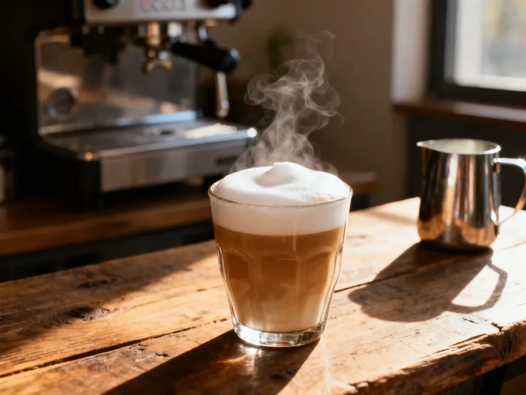 Szklanka latte z gęstą, kremową pianką na drewnianym stole, obok profesjonalny ekspres do kawy.