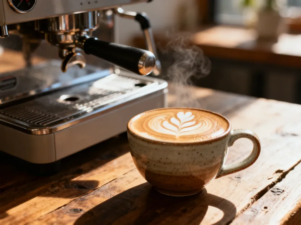Idealne cappuccino z artystycznym wzorem na piance, podane w ceramicznej filiżance na drewnianym stole.