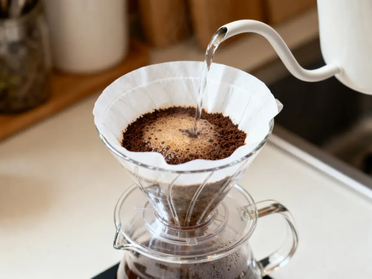 Szklany dripper V60 z filtrem i świeżo mieloną kawą podczas przelewania wody
