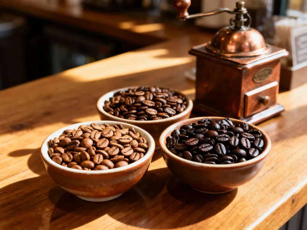 Trzy miseczki z ziarnami kawy o różnym stopniu wypalenia, od jasnych po ciemne, na tle kawiarnianego wnętrza.