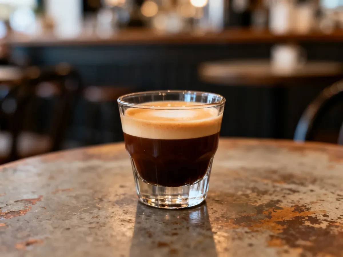 Cortado w małej szklance, z równą ilością espresso i ciepłego mleka