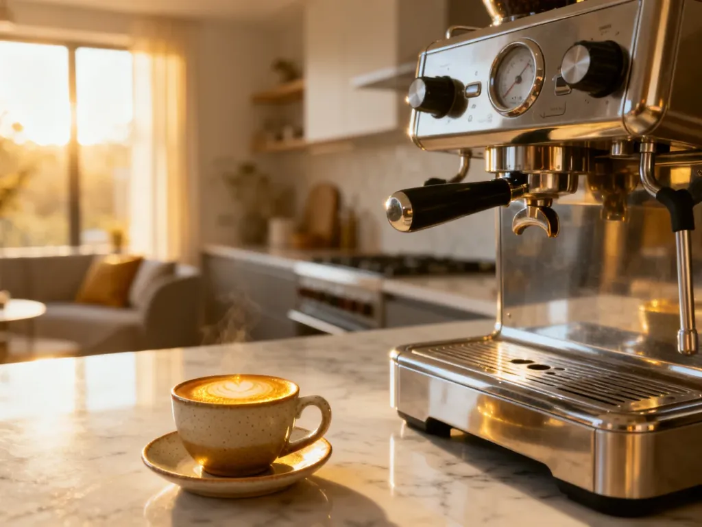Profesjonalny ekspres kolbowy ze stali nierdzewnej na marmurowym blacie z filiżanką świeżego espresso w porannym świetle.