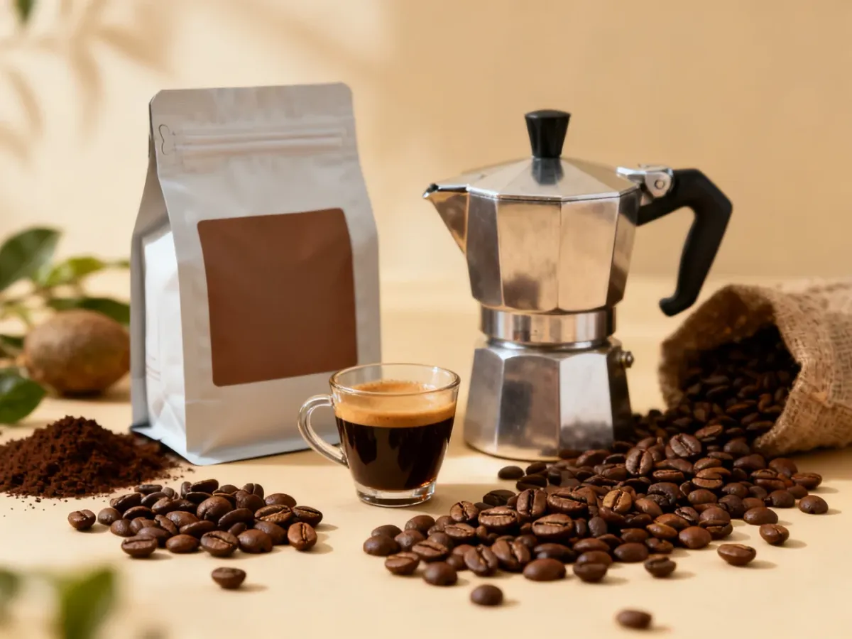 Ziarna kawy, filiżanka espresso i kawiarka podczas oceny kawy