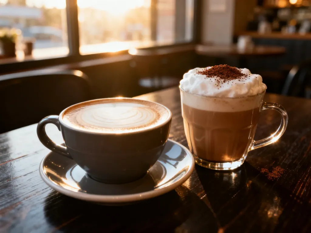 Porównanie dwóch filiżanek kawy: flat white z delikatną pianką oraz cappuccino z grubą warstwą mlecznej pianki i kakao.