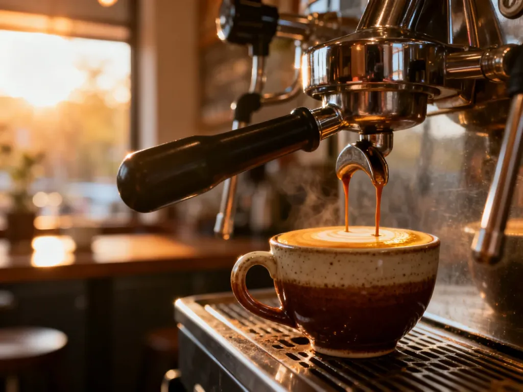 Świeże espresso wypływające z kolby ekspresu do ceramicznej filiżanki z widoczną gęstą cremą.