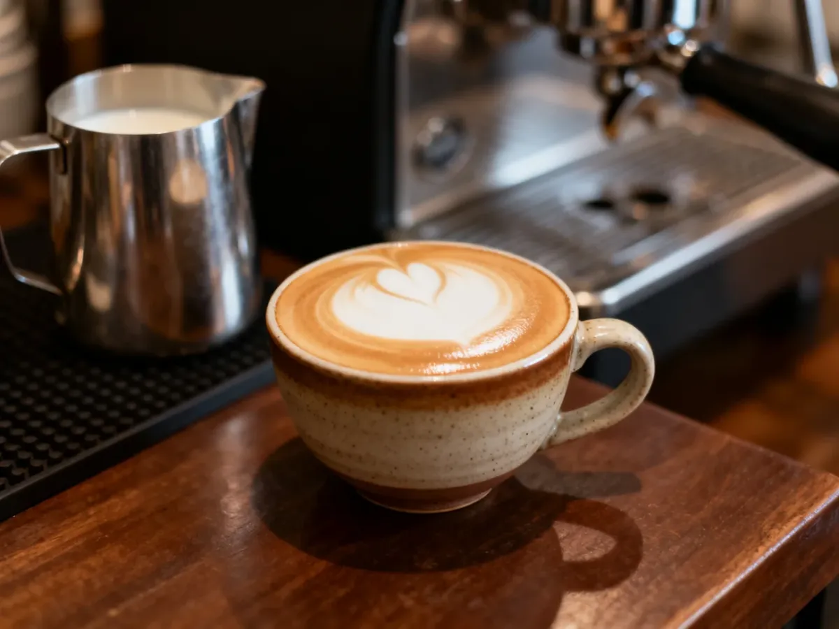Flat white with smooth microfoam in a small ceramic cup