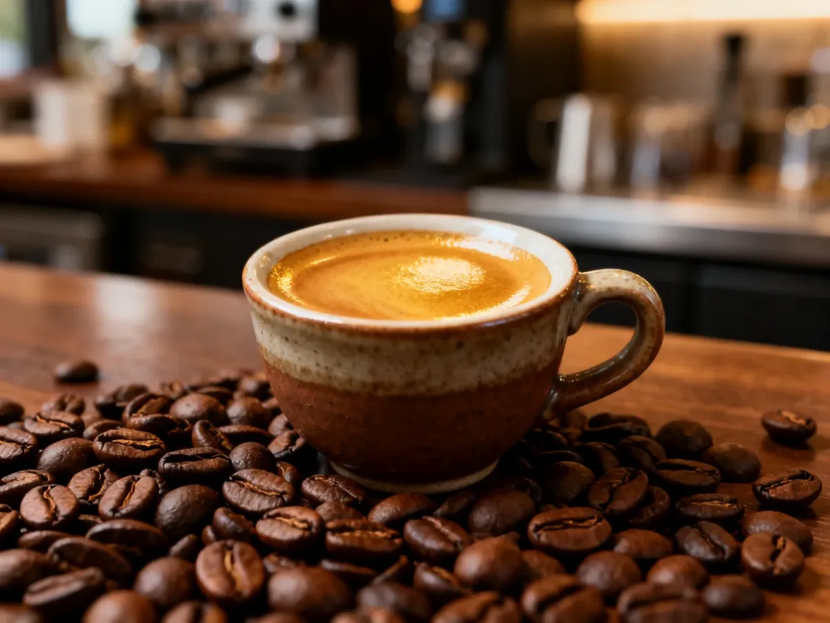 Espresso z gęstą cremą i ziarnami kawy Robusta