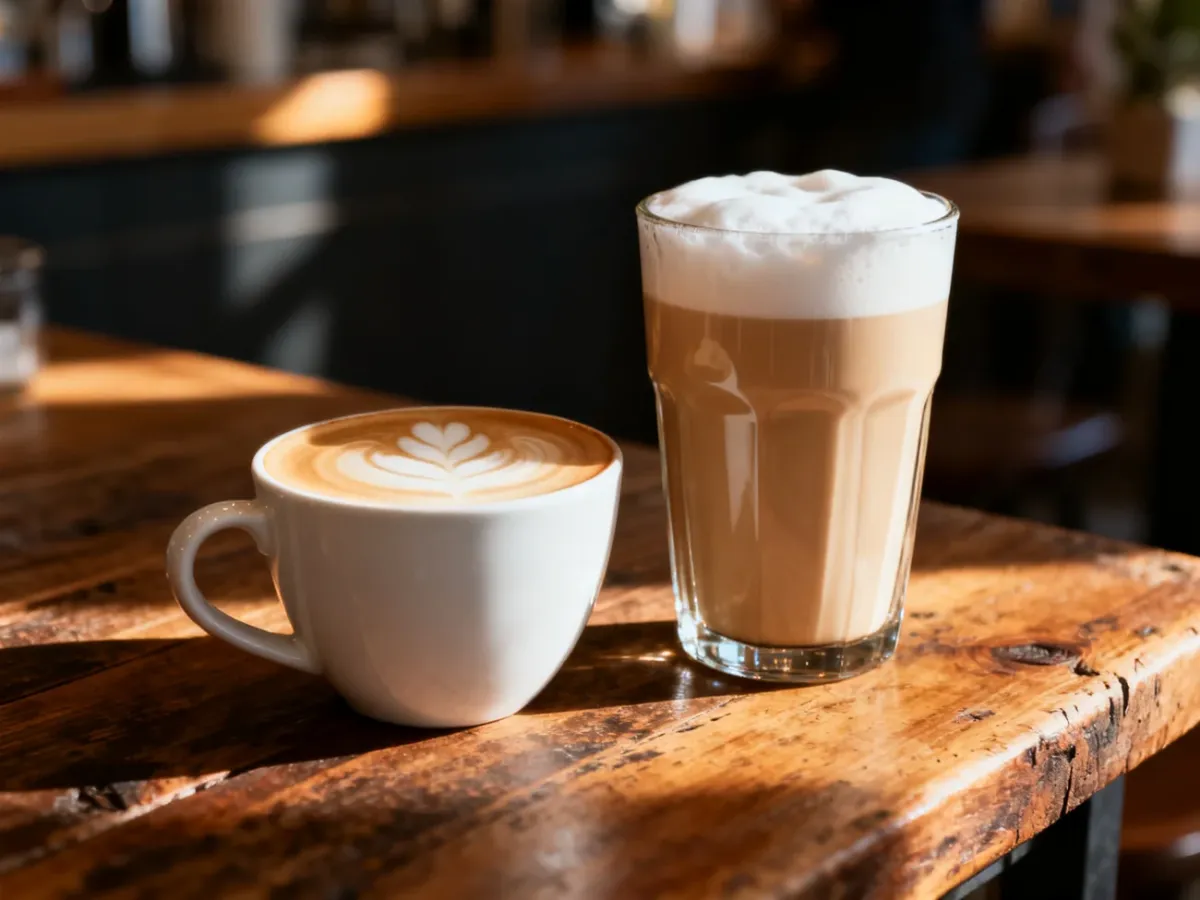 Porównanie flat white z delikatną pianką oraz tradycyjnej kawy z mlekiem w szklance na drewnianym stole.