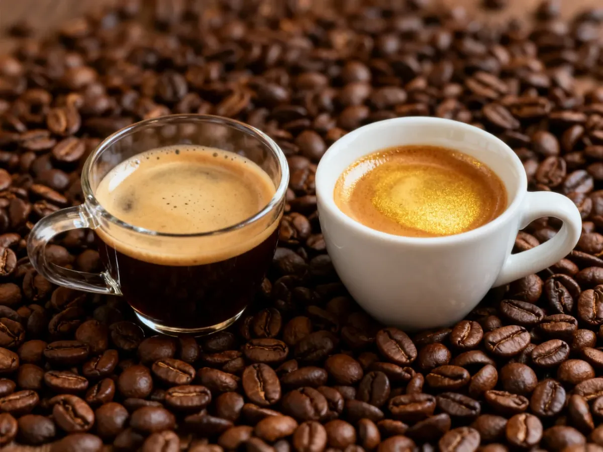 Filiżanka kawy przelewowej i espresso z grubą cremą obok ziaren kawy