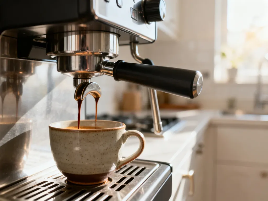Nowoczesny ekspres automatyczny nalewający świeże espresso do filiżanki w jasnej, czystej kuchni.