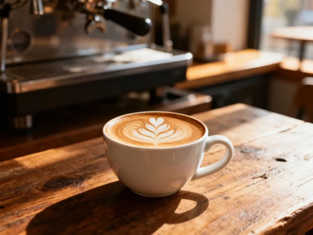 Doskonale przygotowane cappuccino z wzorem latte art w białej filiżance na drewnianym stole w przytulnej kawiarni.