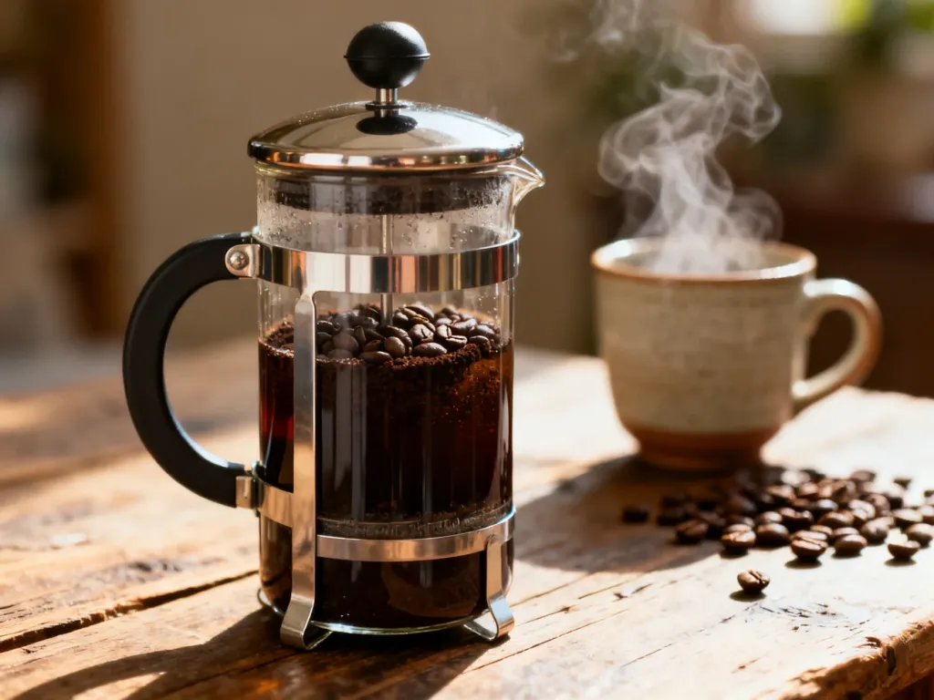 Zaparzacz typu French press z grubo zmieloną kawą zalewaną gorącą wodą na drewnianym stole w porannym świetle.