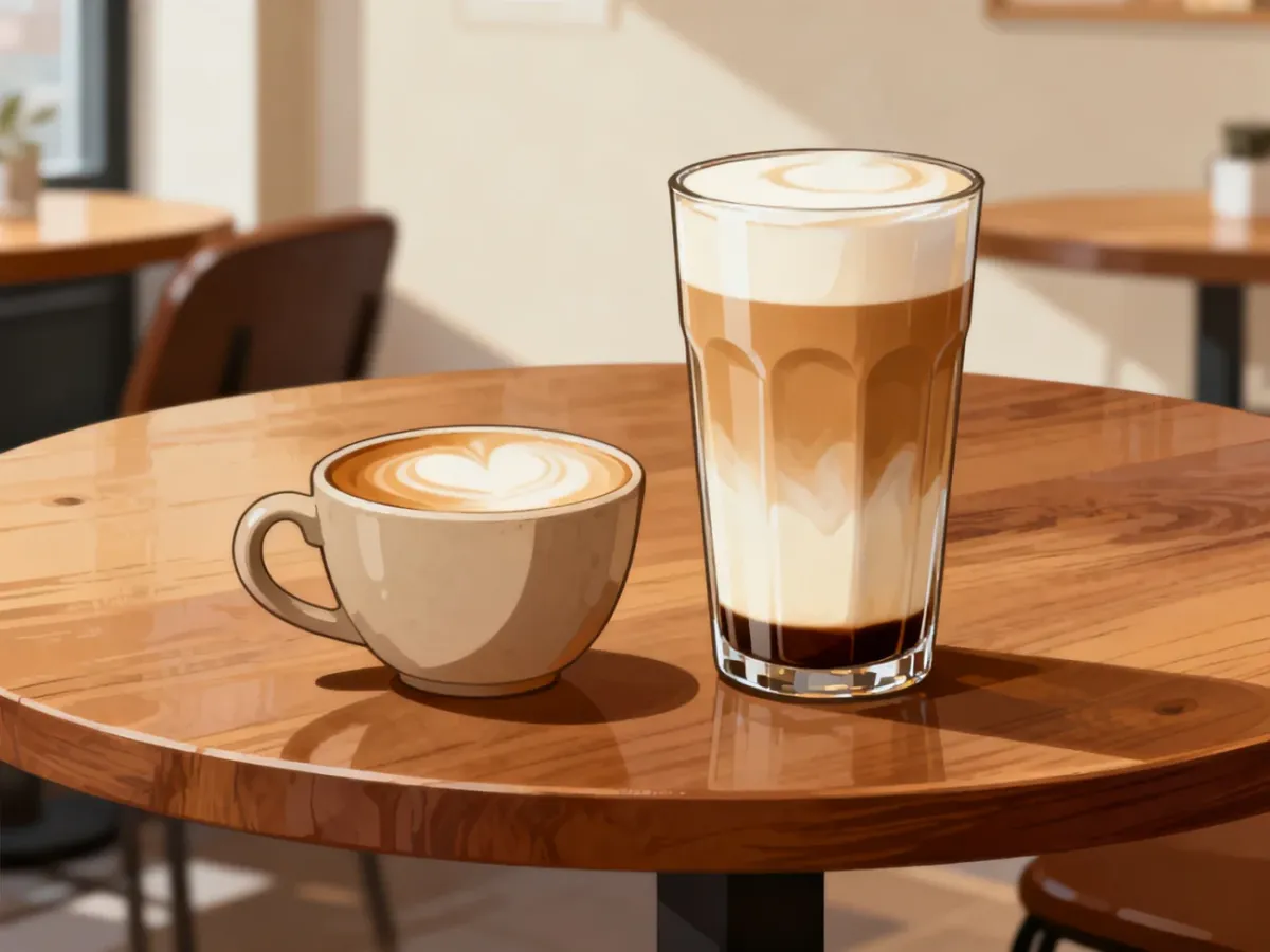 Flat white i latte ustawione obok siebie, ukazujące różnicę wielkości i proporcji mleka