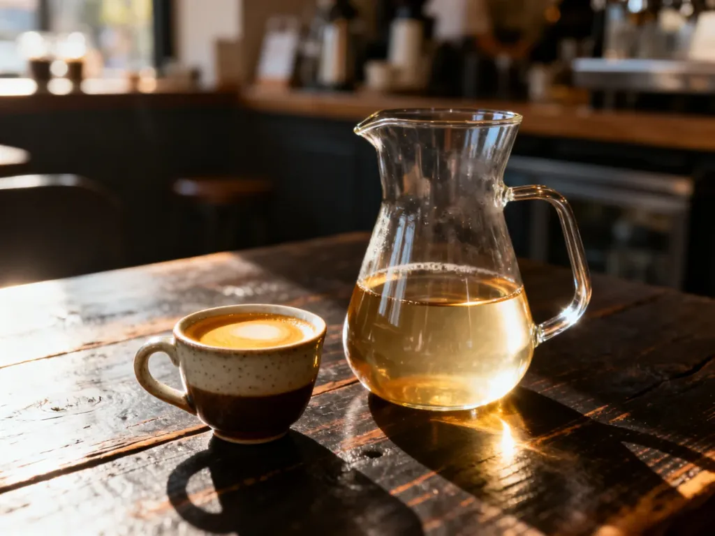 Porównanie espresso z gęstą cremą oraz klarownej kawy przelewowej na drewnianym stole w przytulnej kawiarni.